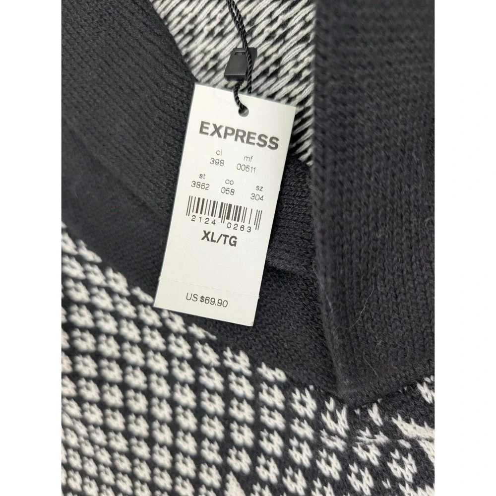 Express Sweater‎ Mens XL Black White Fair Isle Tight Knit Shawl Collar Outdoor